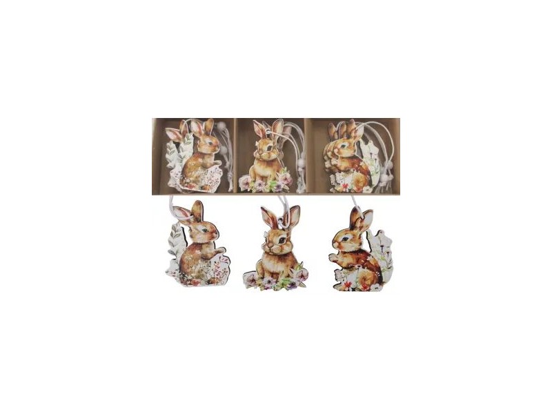 Fa nyuszi dísz, felakasztható, 9 db, 5 cm