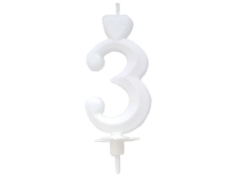 Fehér számgyertya '3' – születésnapi tortára