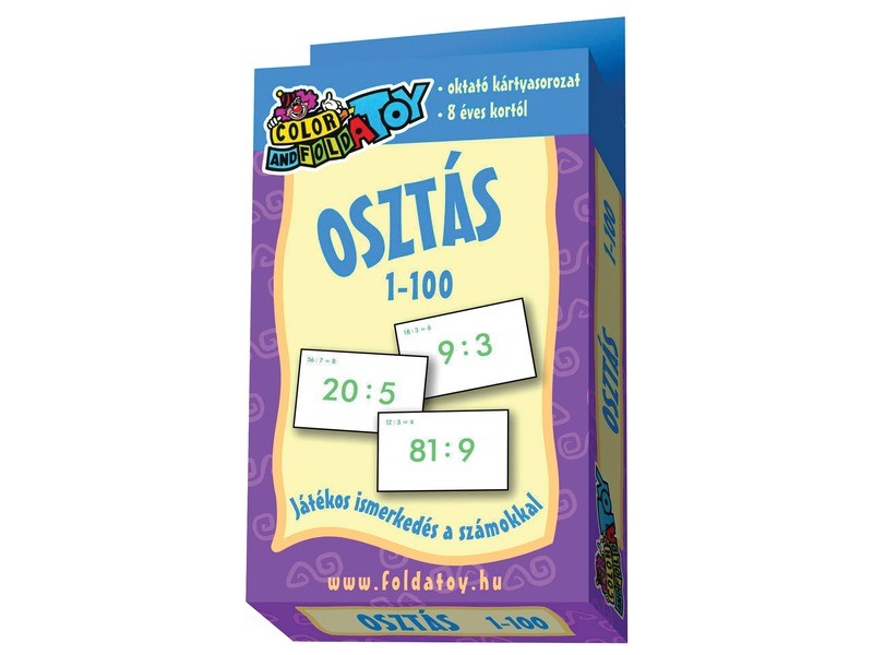 Osztás 1-100 gyakorló kártyák - megoldás a bal sarokban