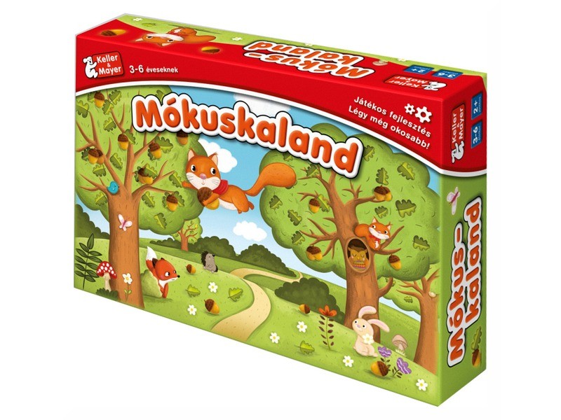 Mókuskaland társasjáték — doboz és játékelemek