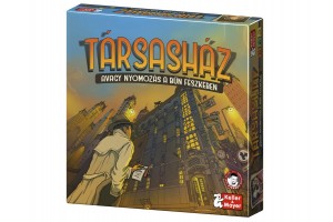 Társasház társasjáték doboza és nyomozó karakterek