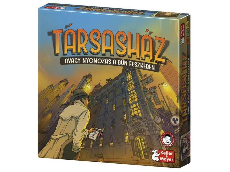 Társasház társasjáték doboza és nyomozó karakterek