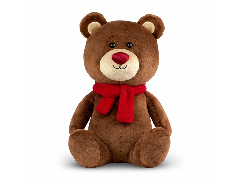 Fényes orrú barna plüssmaci 25 cm piros sállal