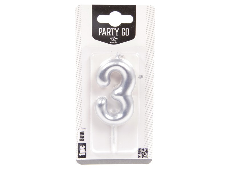 Ezüst 3-as számgyertya 6 cm