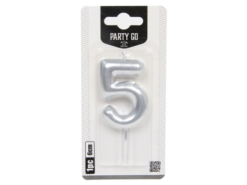 Ezüst 5-ös szám gyertya 6 cm - tortadísz