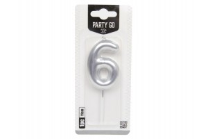 Ezüst 6-os szám gyertya, 6 cm