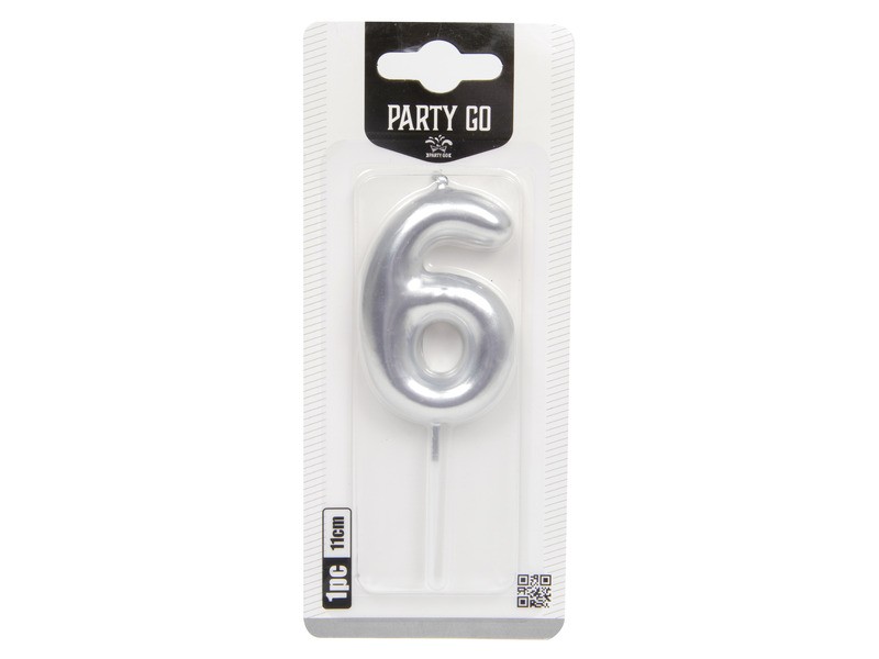 Ezüst 6-os szám gyertya, 6 cm