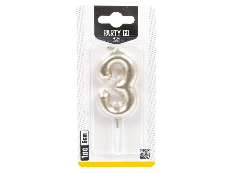 Arany 3-as számgyertya, 6 cm