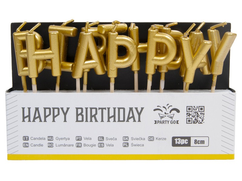 Arany Happy Birthday gyertya szett - 13 db, 8 cm