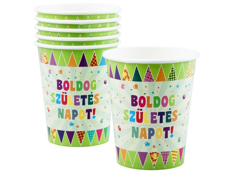 Boldog szülinapot zászlós papírpohár 250 ml, 6 db