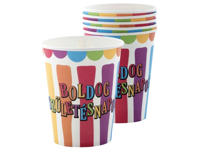 Csíkos-pöttyös Boldog Születésnapot papírpohár 250 ml (6 db)