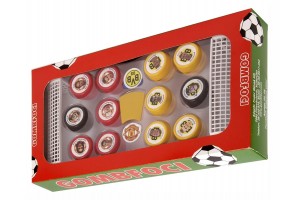 Gombfoci készlet dobozban – két válogatott, kapuk és zászló