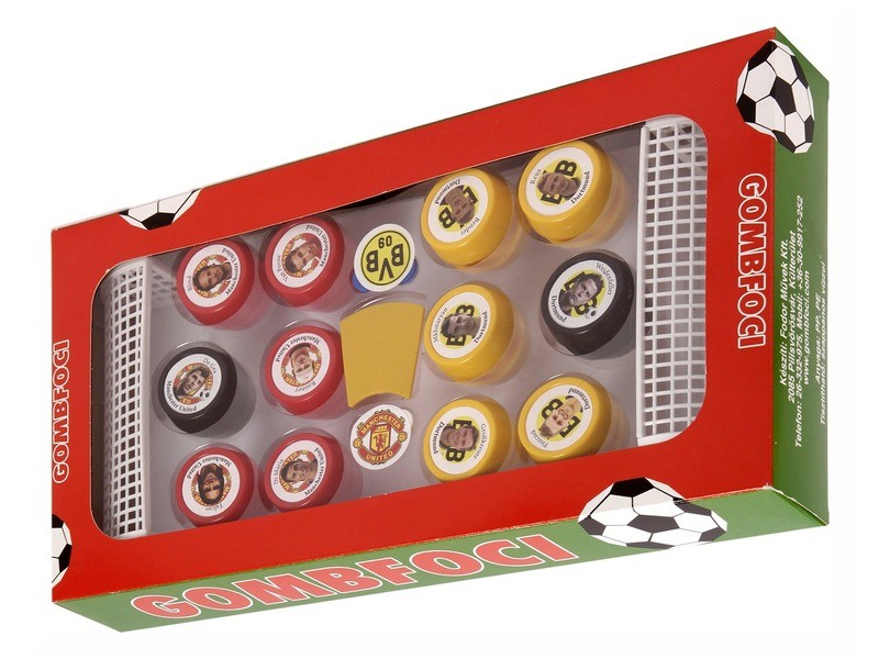 Gombfoci készlet dobozban – két válogatott, kapuk és zászló