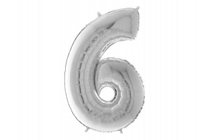 Ezüst 6-os szám héliumos fólia lufi, 65 cm