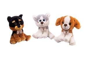 Ülő plüss kutyus csonttal, 16 cm