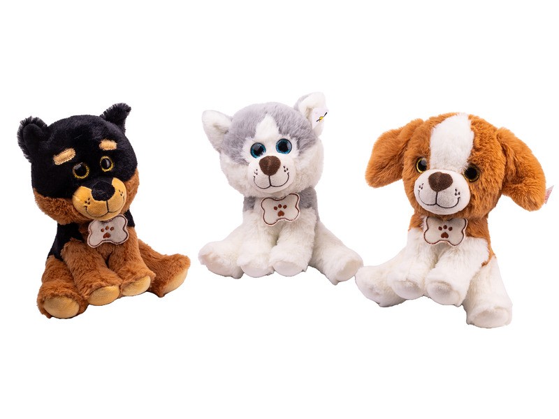 Ülő plüss kutyus csonttal, 16 cm