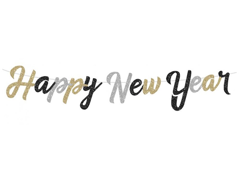 Happy New Year glitteres füzér fekete/arany/ezüst 2,5 m