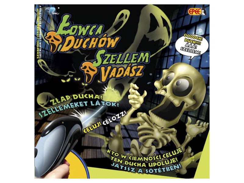 Szellemvadász társasjáték - mozgó koponya és pisztoly