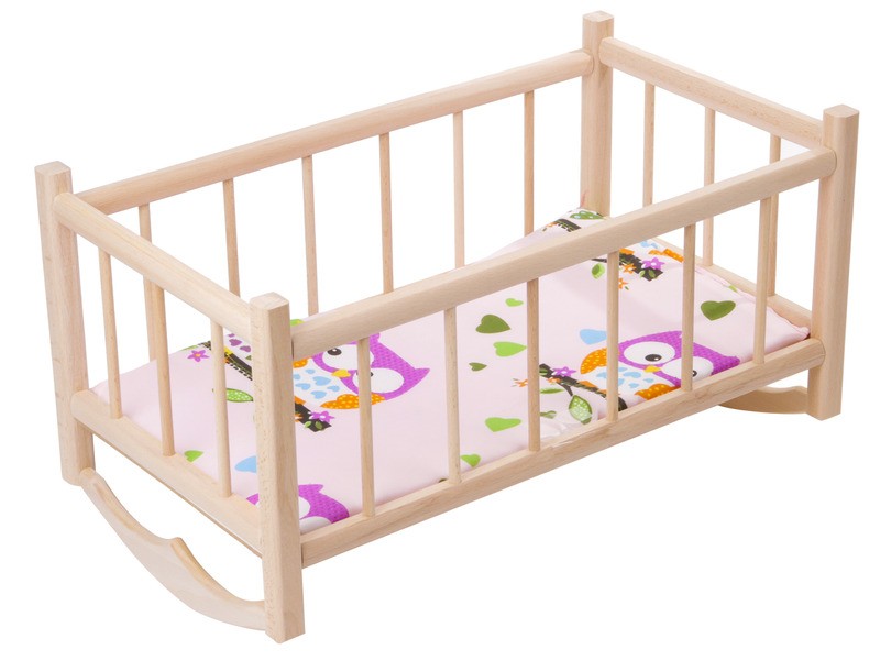Nagy tömör fa bababölcső színes matraccal