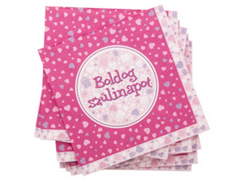 Pink szülinapi szalvéta 16 db, 33x33 cm, szívecskés