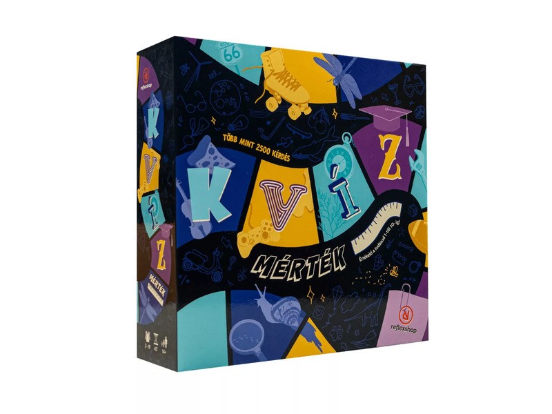 Kvízmérték társasjáték — doboz és játékelemek