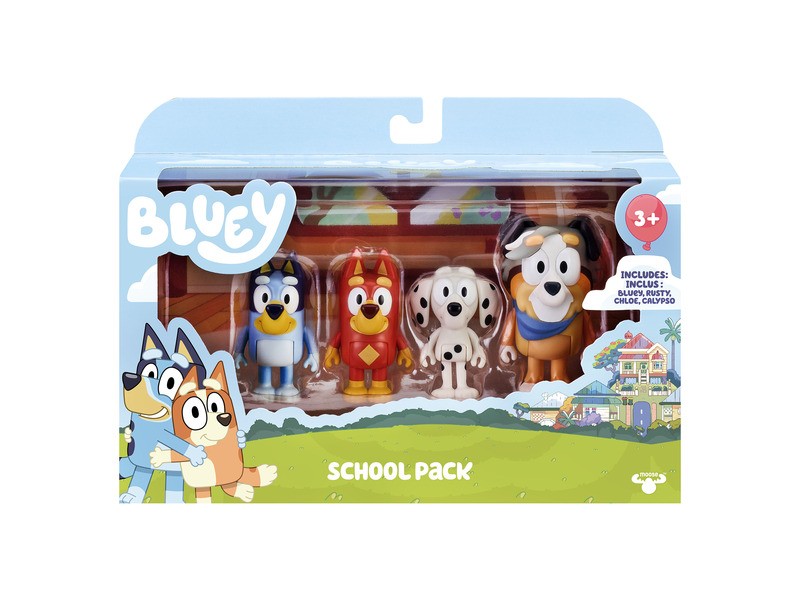 Bluey Iskolaszett 4 db – Rusty, Chloe, Calypso, Bluey figurák