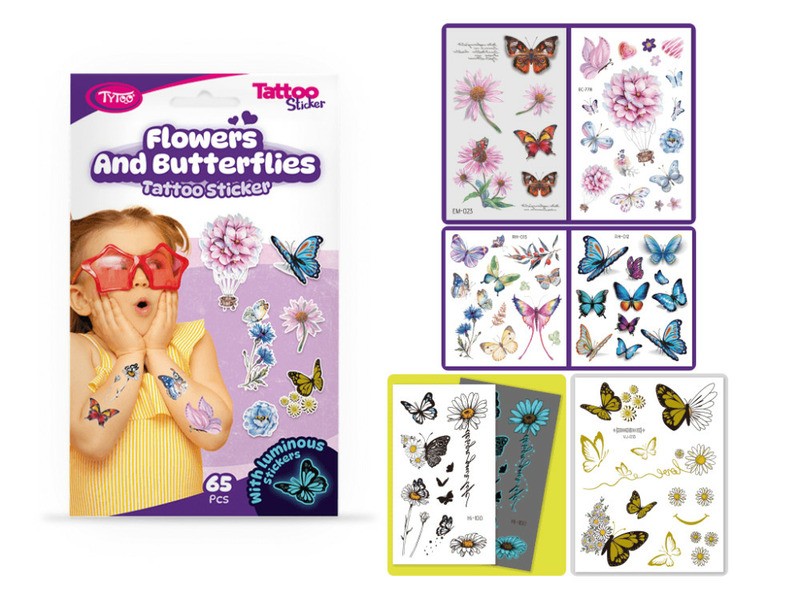 Tyoo pillangók és virágok ideiglenes tetoválás, 65 db