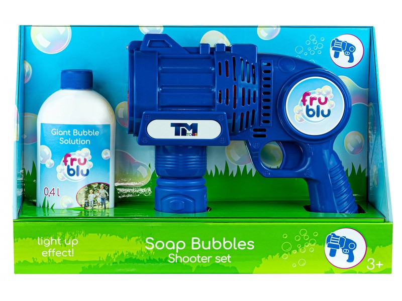 Frublu bubilövő játék tartállyal és folyadékkal