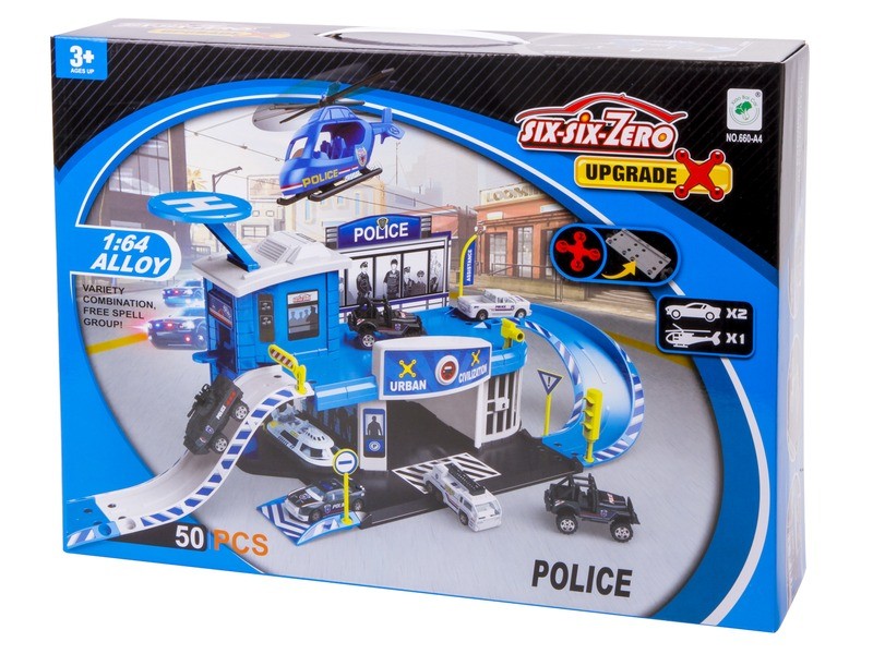 Rendőrségi parkolóház helikopterrel és 2 kisautó