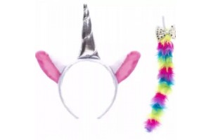 Unikornis fejpánt ezüst szarvval és szivárvány farok