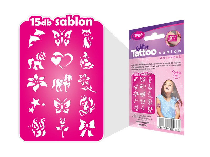 Tytoo lányos sablon szett 15 db — cica, pillangó, póniló