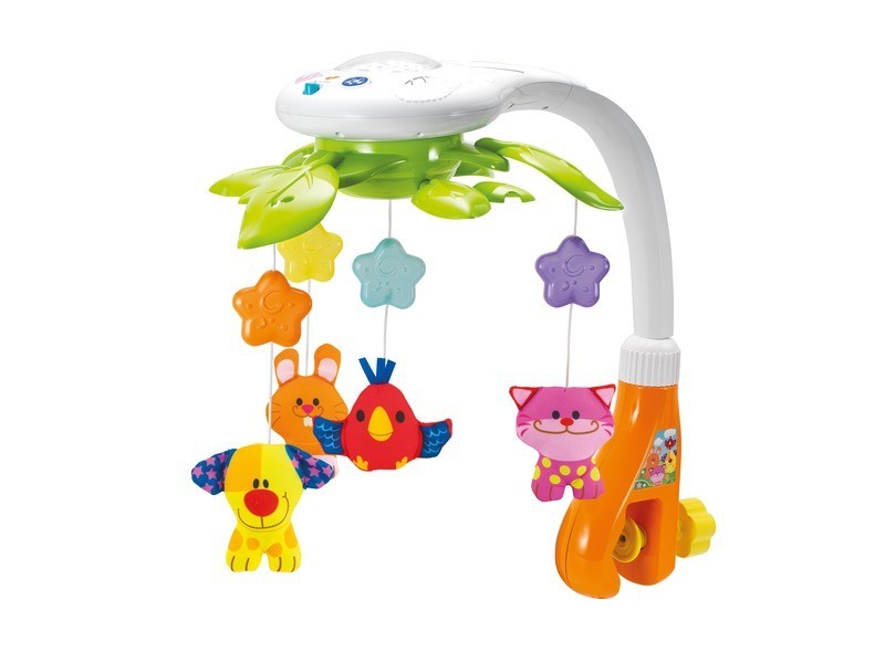 Állatos zenélő kiságyforgó - cica, kutya, madár, nyuszi