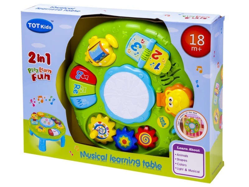 Zenélő bébi játszóasztal — zongora, világító dob, tükör