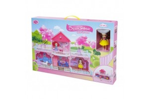 Rózsaszín emeletes babaház terasszal (73×34×42 cm)