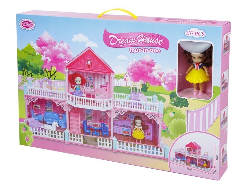 Rózsaszín emeletes babaház terasszal (73×34×42 cm)