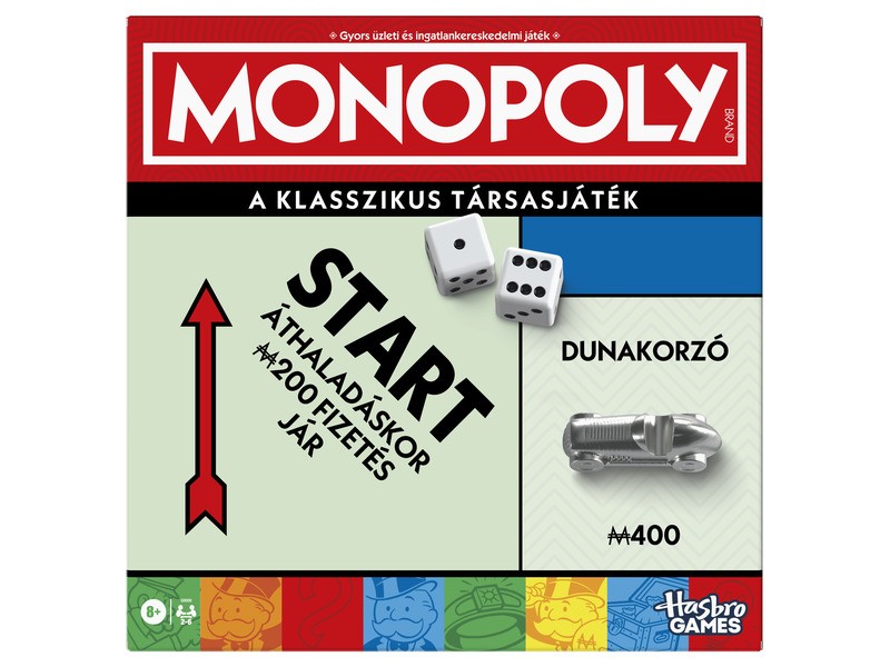 Klasszikus Monopoly társasjáték - doboz és bábuk