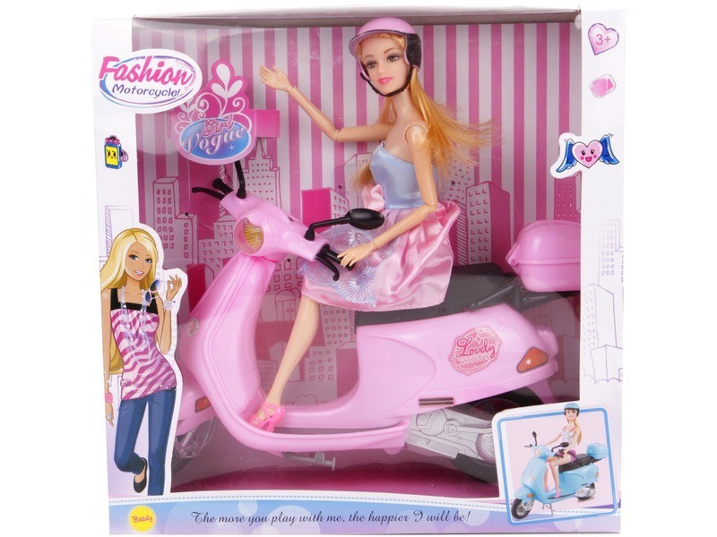 Játékbaba robogóval, 28 cm, rózsaszín