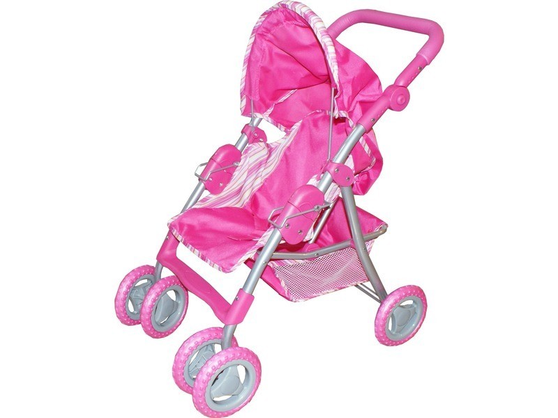 Rózsaszín lábtartós kosaras játékbabakocsi