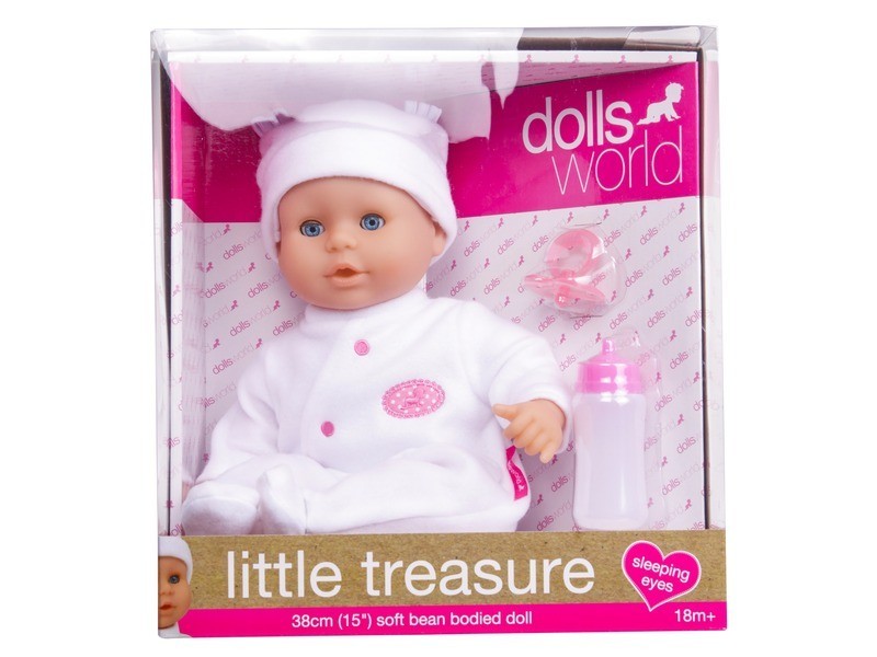 Little Treasure babzsákos baba fehér ruhában, 38 cm