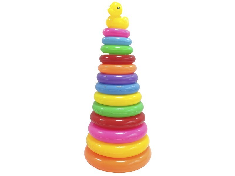 Kacsás Montessori toronyépítő, 43 cm, színes karikák