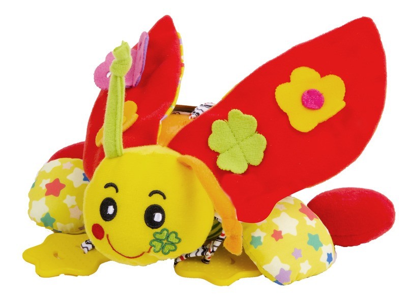 Katica plüss bébijáték csörgővel, rágókával és tükörrel