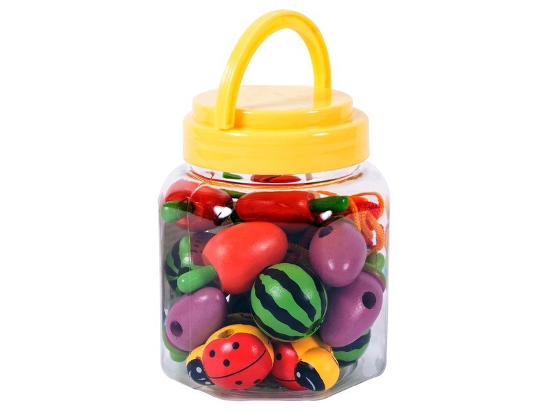 Fűzhető fa gyümölcs készlet a befőttes dobozban