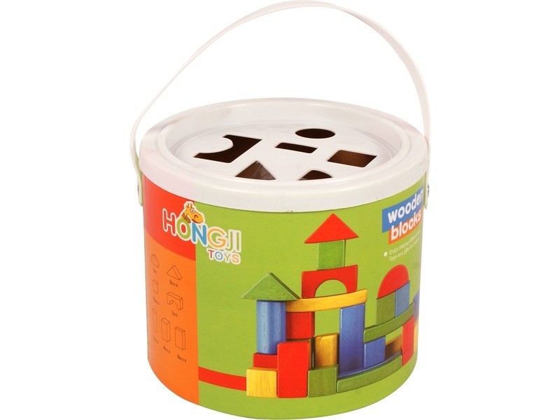 30 db-os színes fa építőkocka - formaválogató vödör