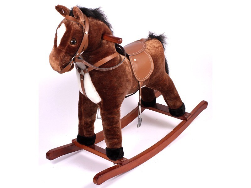 Barna-fehér plüss hintaló mozgó szájjal és farokkal