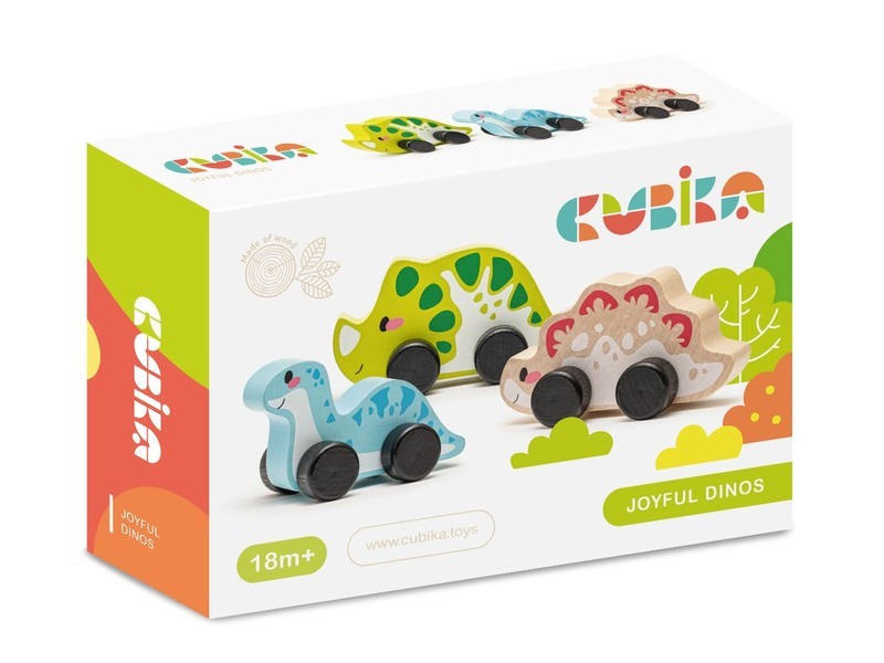 Cubika fa dínók, 3 db — színes kerekes játék