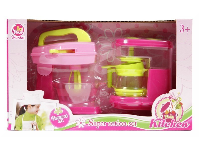 Rózsaszín mini keverőgép és kávéfőző