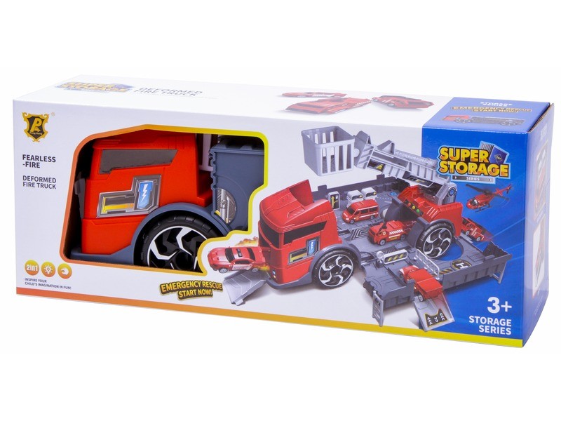 2IN1 tűzoltó autó és garázs, 2 autóval