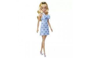 Barbie Fashionista kék masnis ruhában - játékbaba