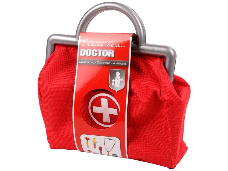 Doktortáska 5 darabos készlet – piros orvosi játék