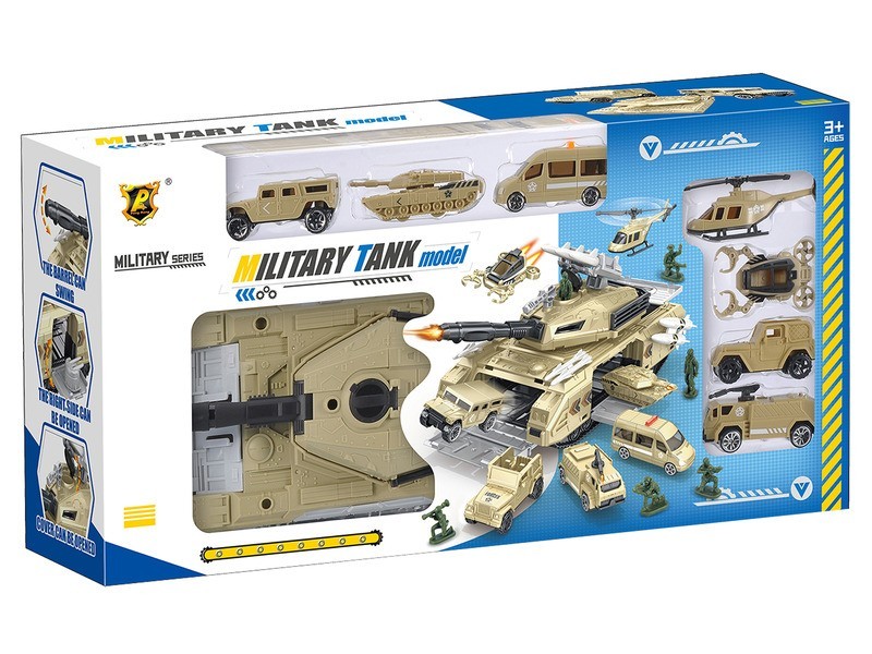 Katonai játékszett: nagy tank, repülő és autók